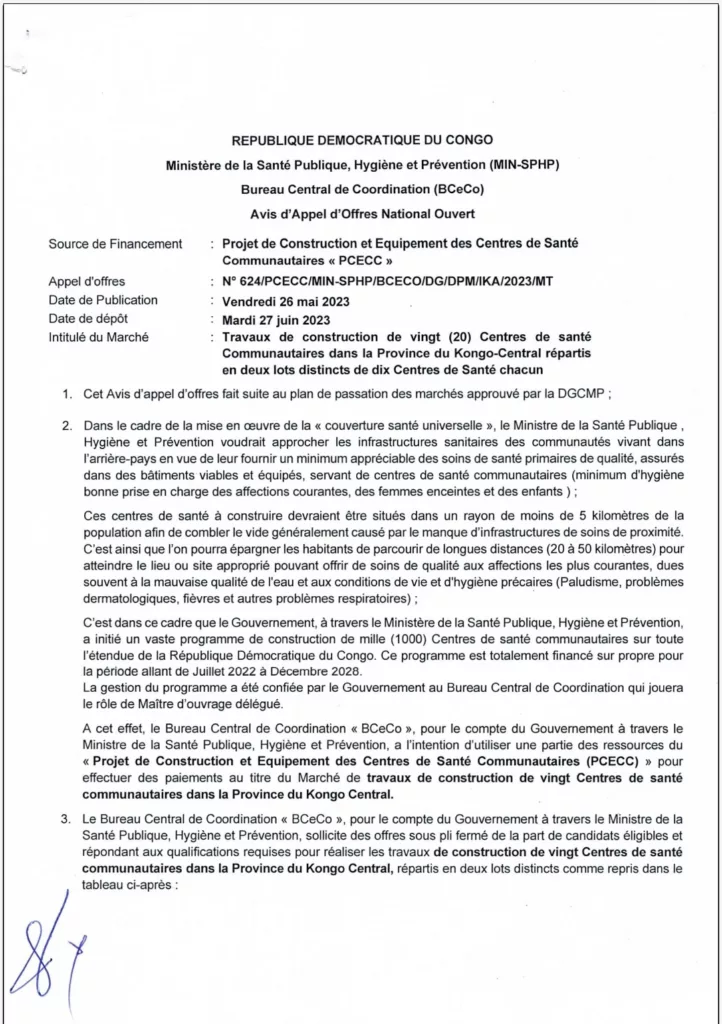 Kongo Central : le BCECO lance un avis d'appel d'offres pour les travaux de construction de vingt (20) centres de santé communautaires 1 Screenshot 20230529 150459