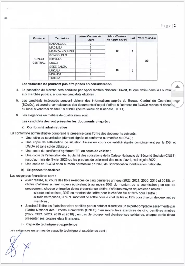 Kongo Central : le BCECO lance un avis d'appel d'offres pour les travaux de construction de vingt (20) centres de santé communautaires 2 Screenshot 20230529 150514