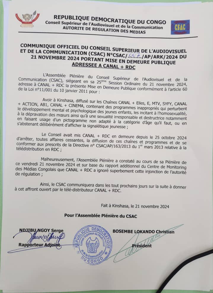 RDC : le CSAC adresse une mise en demeure à Canal+ RDC pour diffusion de programmes jugés inappropriés 1 1000111417