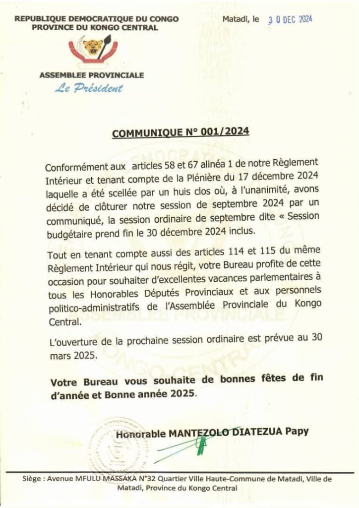 Clôture de la session ordinaire de septembre 2024 à l’Assemblée provinciale du Kongo Central 1 1000391603