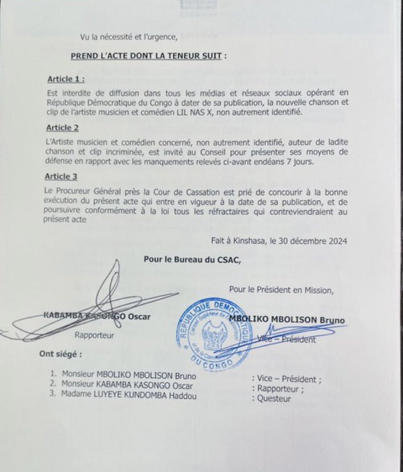 RDC : le CSAC interdit la diffusion du clip d'un musicien pour dépravation des mœurs 2 20241231 071357