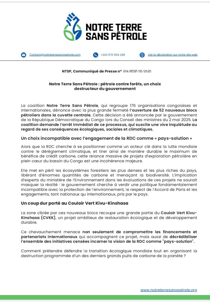 RDC : la coalition NTSP s’oppose à l’ouverture de 52 nouveaux blocs pétroliers dans la cuvette centrale 1 Screenshot 20250510 125228