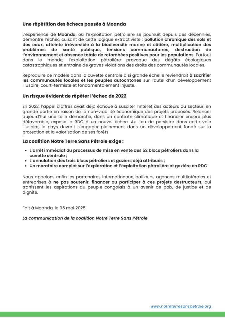 RDC : la coalition NTSP s’oppose à l’ouverture de 52 nouveaux blocs pétroliers dans la cuvette centrale 2 Screenshot 20250510 125247