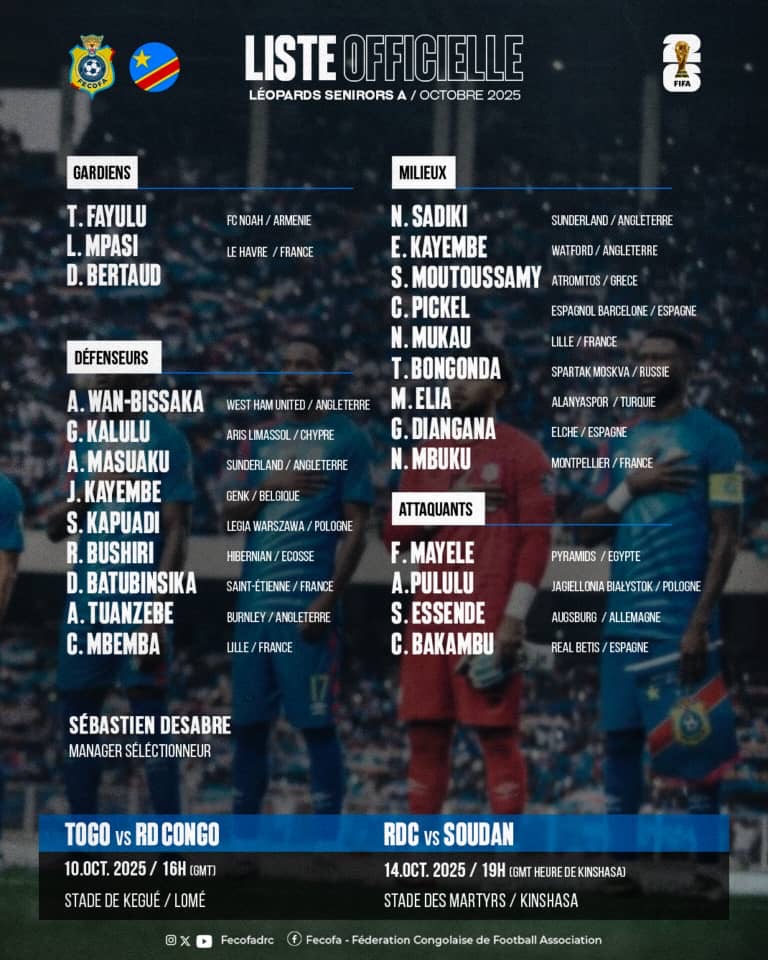 Mondial 2026 (Q) : la liste de Sébastien Desabre pour affronter le Togo et le Soudan 1 LISTE OFFICIELLE