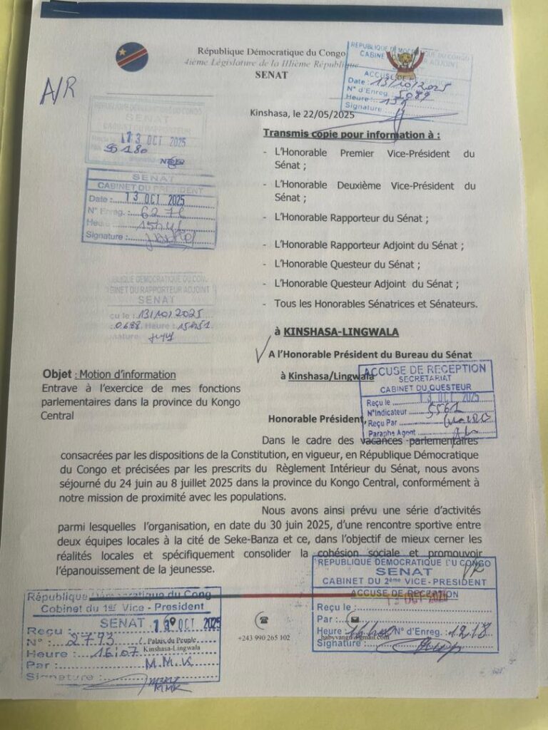 Le sénateur Baby Vangu Ki-Nsongo dénonce l’entrave à l’exercice de son mandat à Seke-Banza 1 IMG 20251013 WA01422
