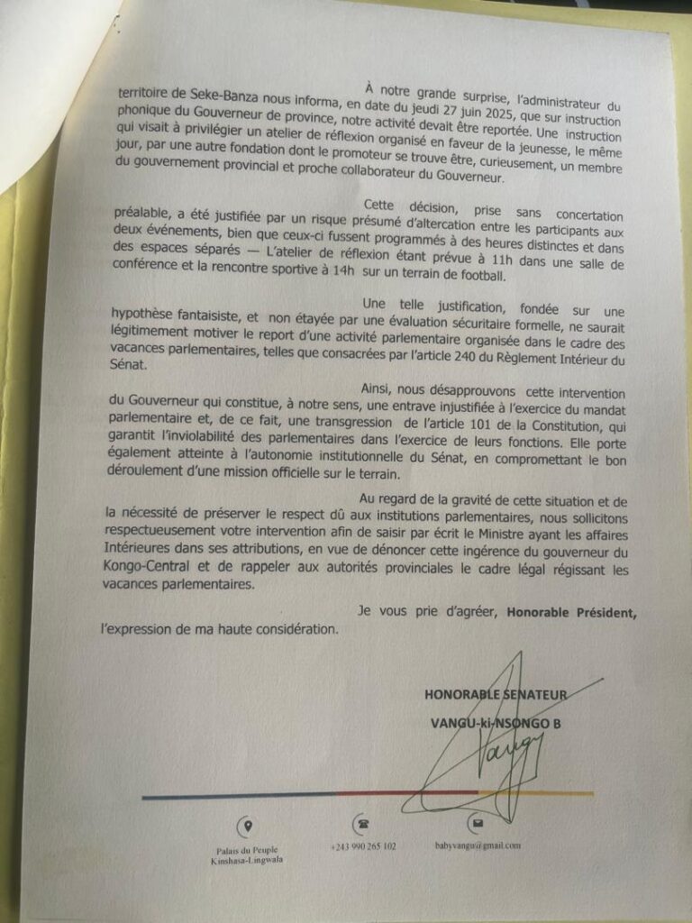 Le sénateur Baby Vangu Ki-Nsongo dénonce l’entrave à l’exercice de son mandat à Seke-Banza 2 IMG 20251013 WA01432