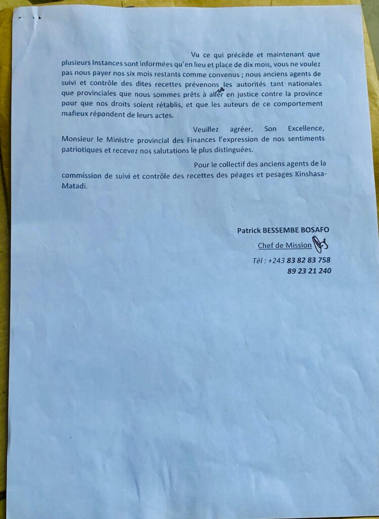 Kongo Central : les ex-agents du péage Kinshasa-Matadi réclament six mois d’arriérés et menacent d’action en justice 3 IMG 20251016 WA0100
