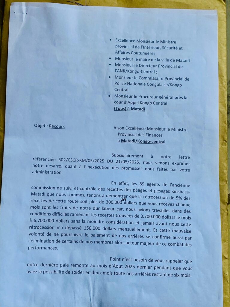 Kongo Central : les ex-agents du péage Kinshasa-Matadi réclament six mois d’arriérés et menacent d’action en justice 2 IMG 20251016 WA0103